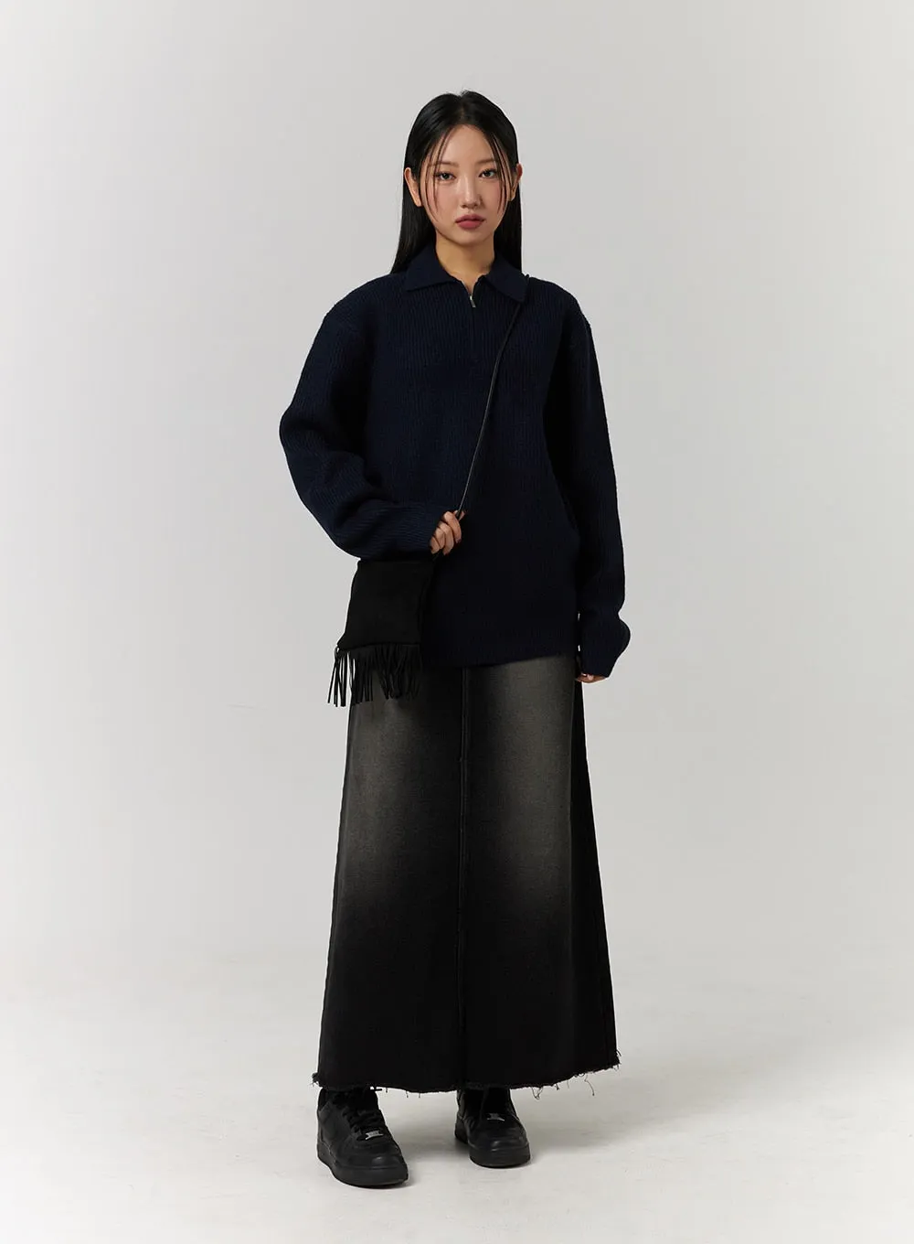 Denim Raw Hem Stitch Maxi Skirt CD329