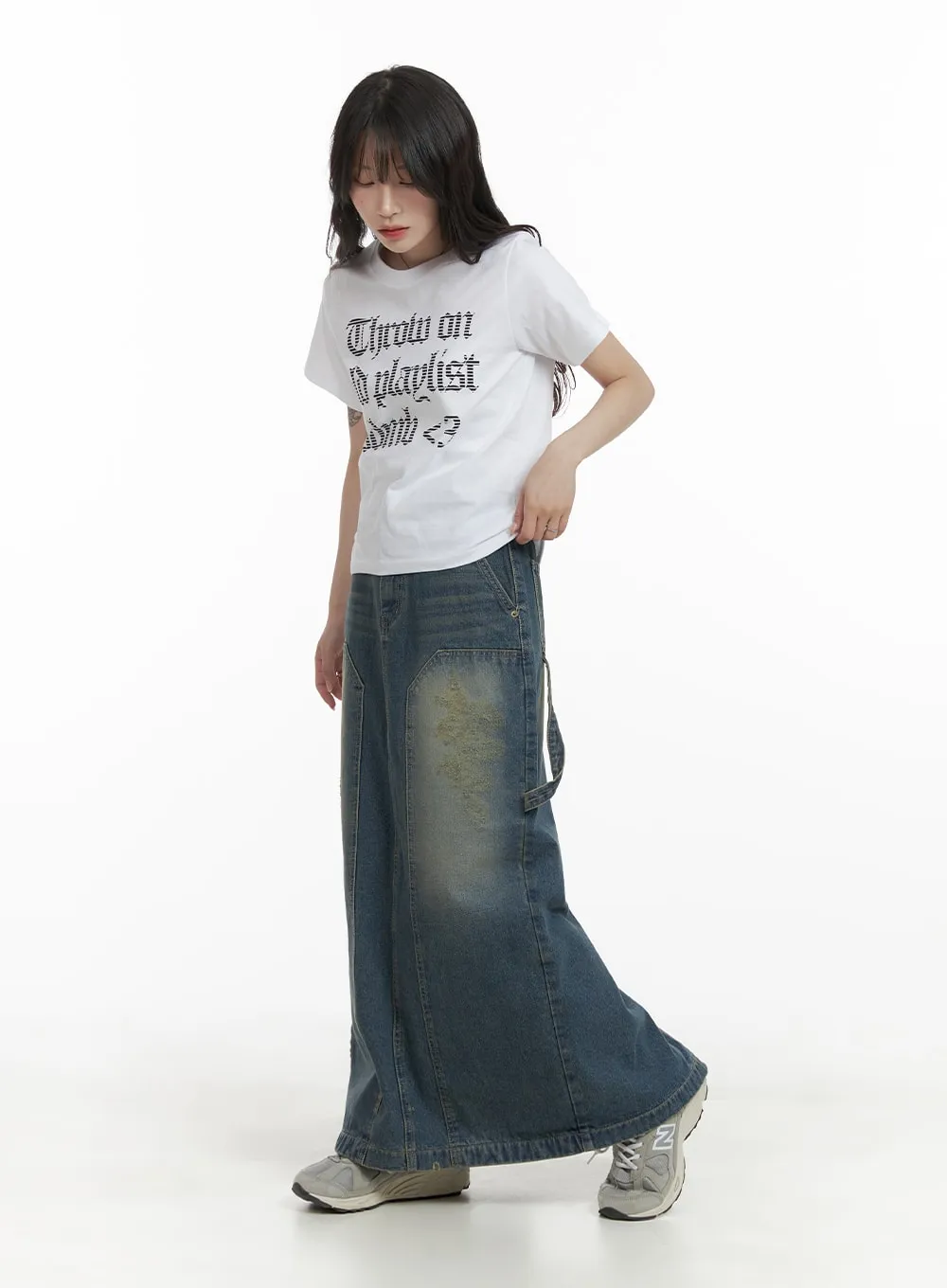 Destroyed Detail Denim Maxi Skirt CA408