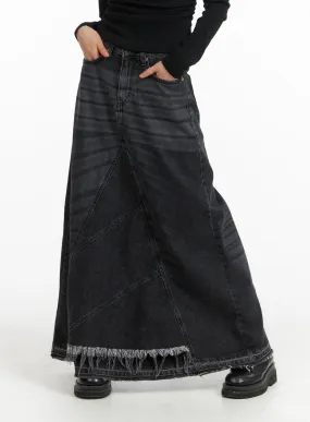 Destroyed Hem Maxi Denim Skirt CM413