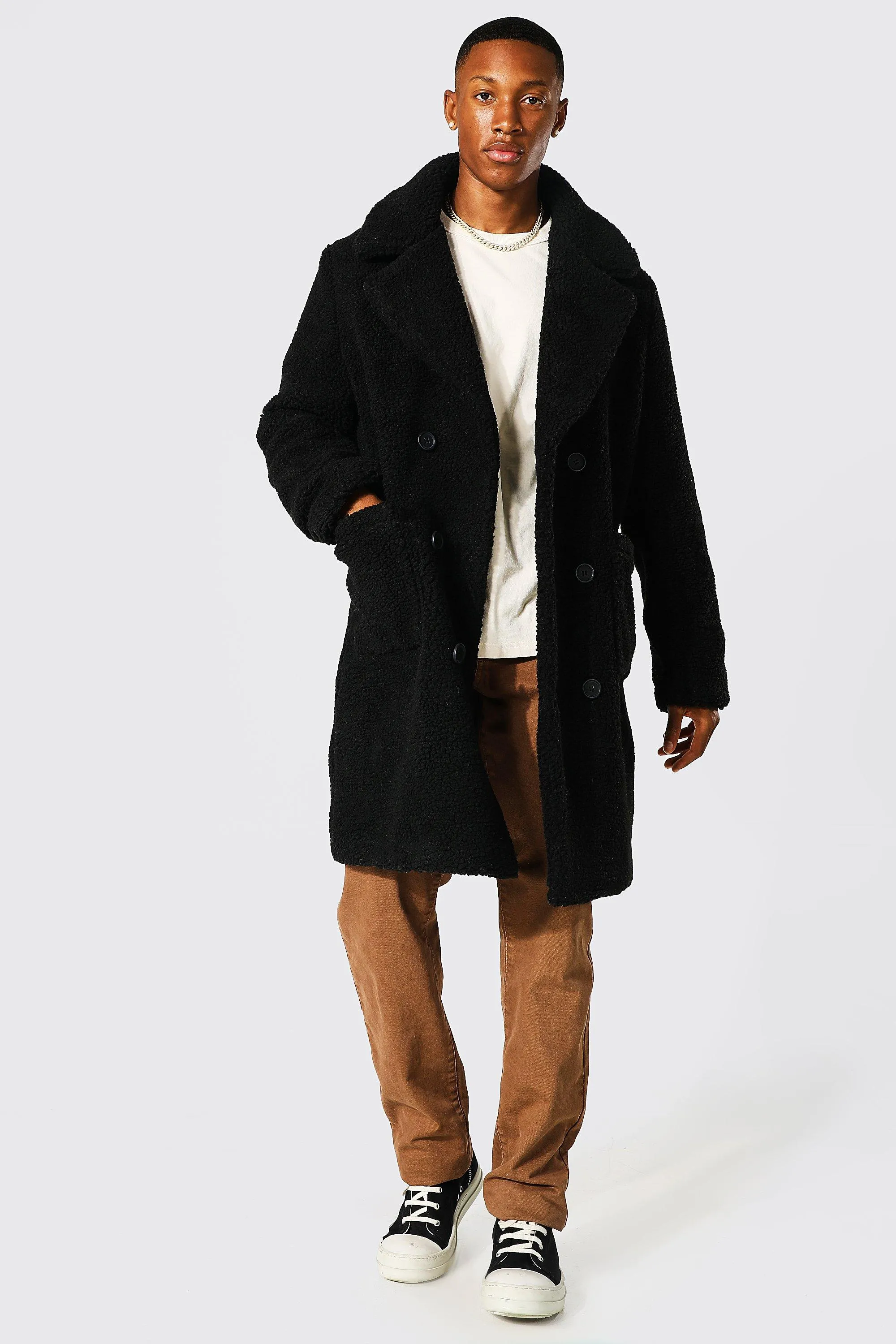 Double Breasted Borg Overcoat | boohooMAN UK