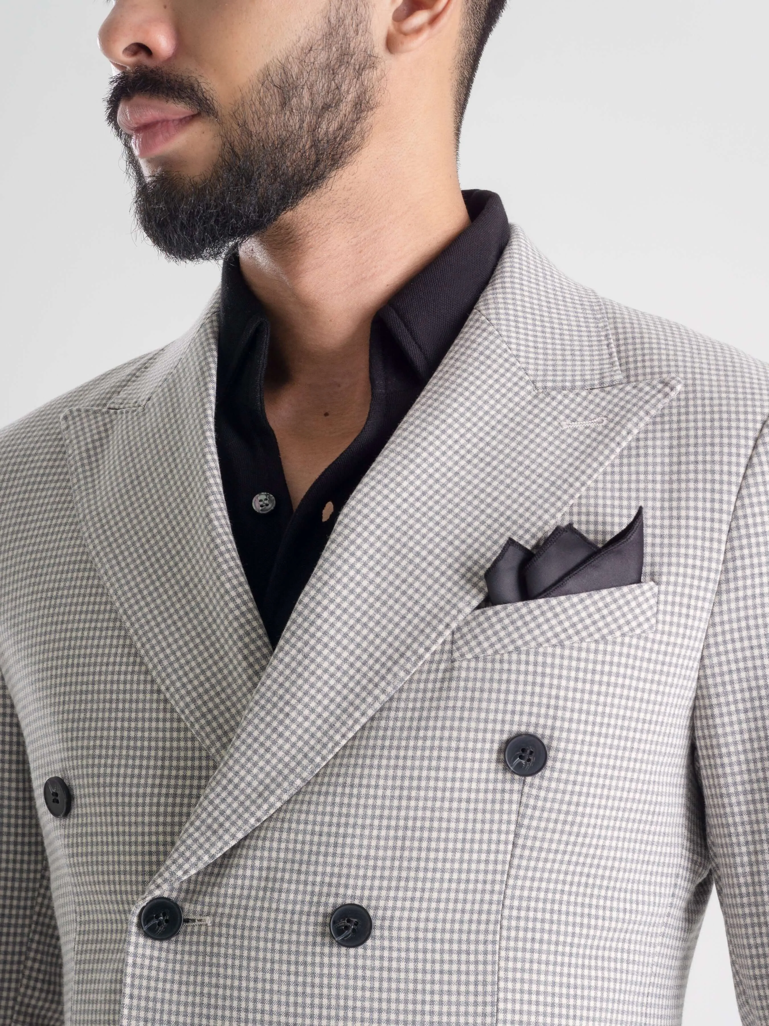 Double Breasted Suit Blazer - Ash Grey Plaid (Peak Lapel)