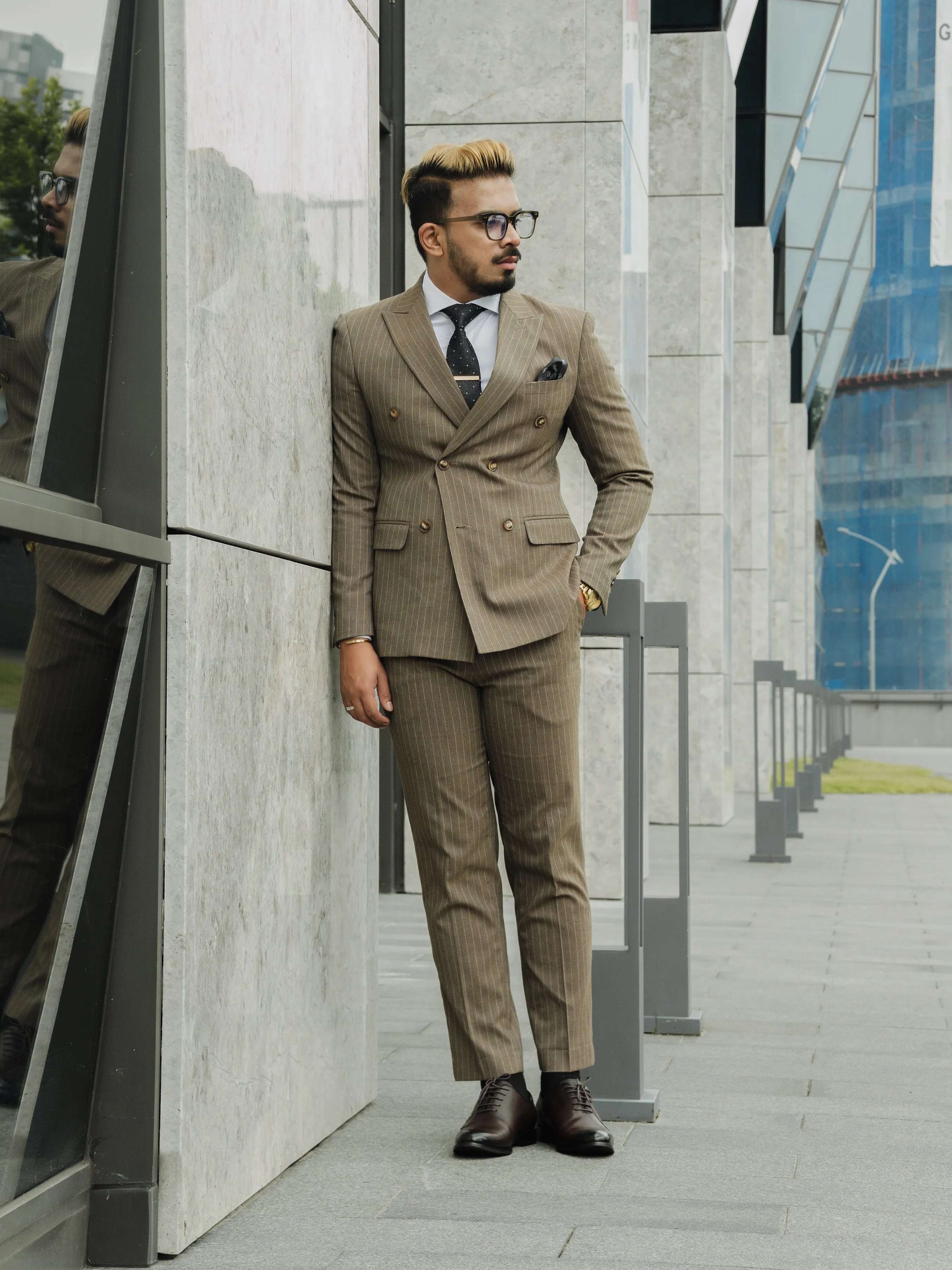 Double Breasted Suit Blazer - Brown Pinstripes (Peak Lapel)