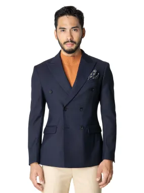 Double Breasted Suit Blazer - Deep Blue Plain (Peak Lapel)