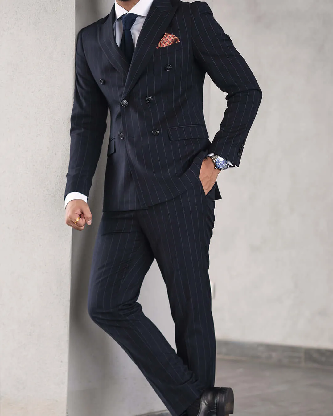 Double Breasted Suit Blazer - Deep Blue Stripes (Peak Lapel)