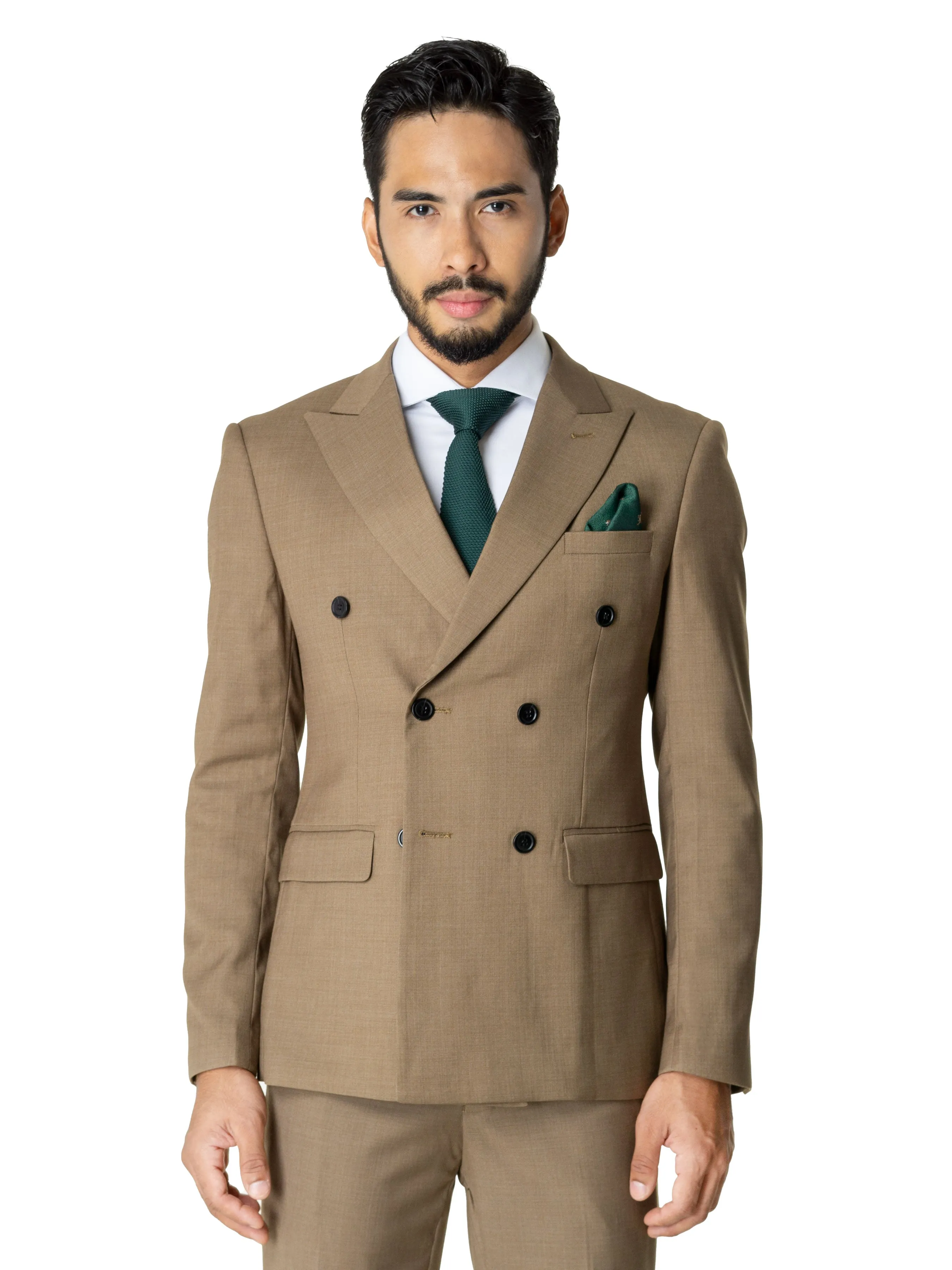 Double Breasted Suit Blazer - Khakis Plain (Peak Lapel)