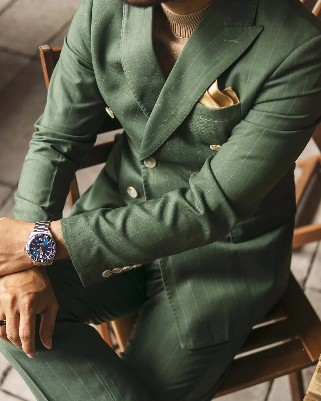 Double Breasted Suit Blazer - Moss Green Stripes (Peak Lapel)