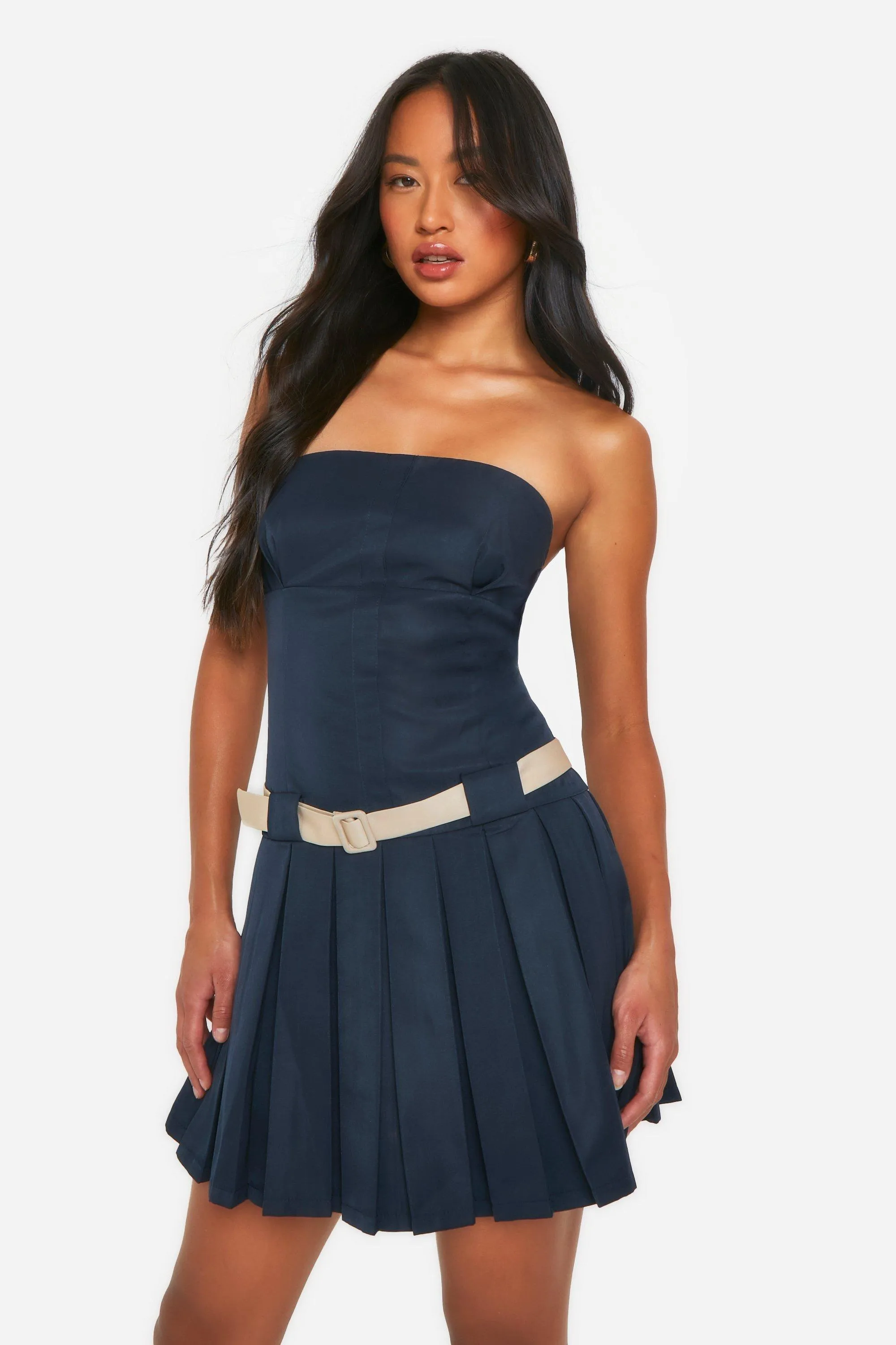 Dresses | Contrast Belt Bandeau Pleated Mini Dress | boohoo