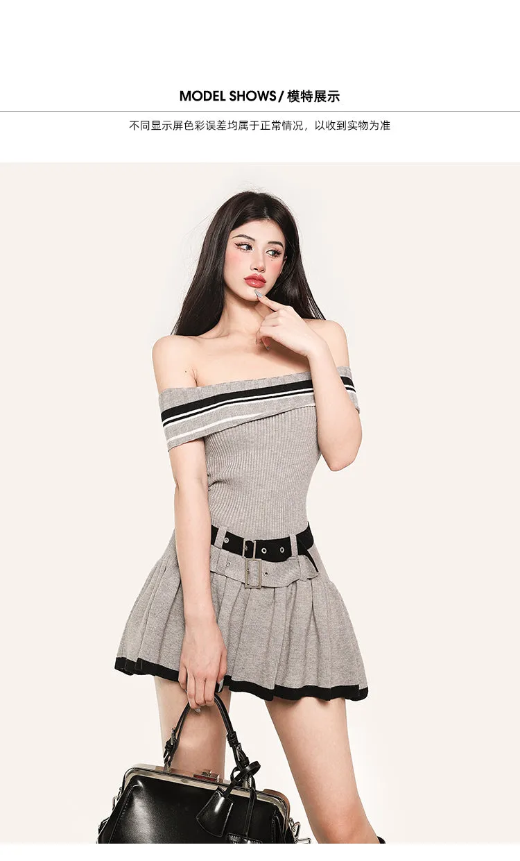 Elena Contrast Color Grey & Black Off-the-Shoulder Slim Belt Strap Pleated Mini Dress