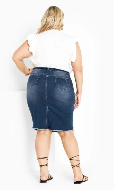 Evans Blue Mid Wash Raw Hem Denim Midi Skirt