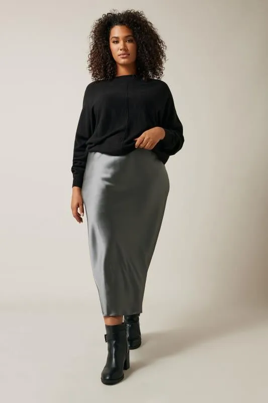 EVANS Curve Grey Satin Midi Skirt