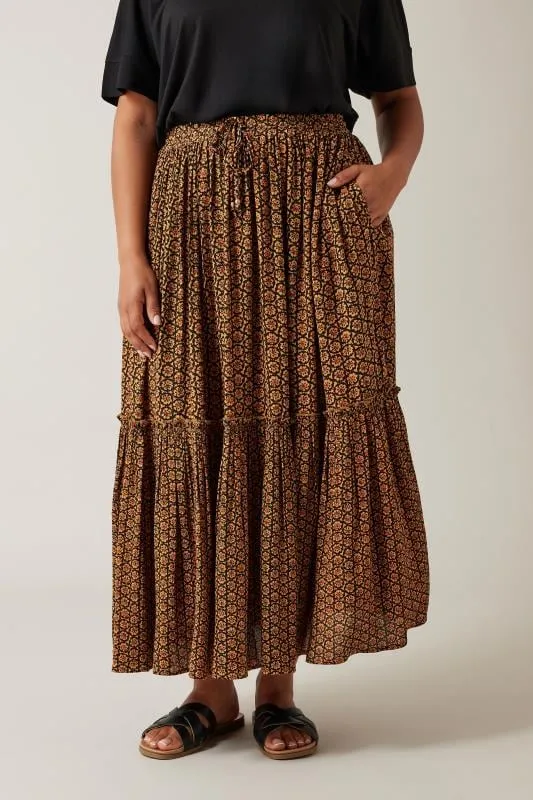 EVANS Curve Orange Floral Print Tiered Crinkle Midi Skirt