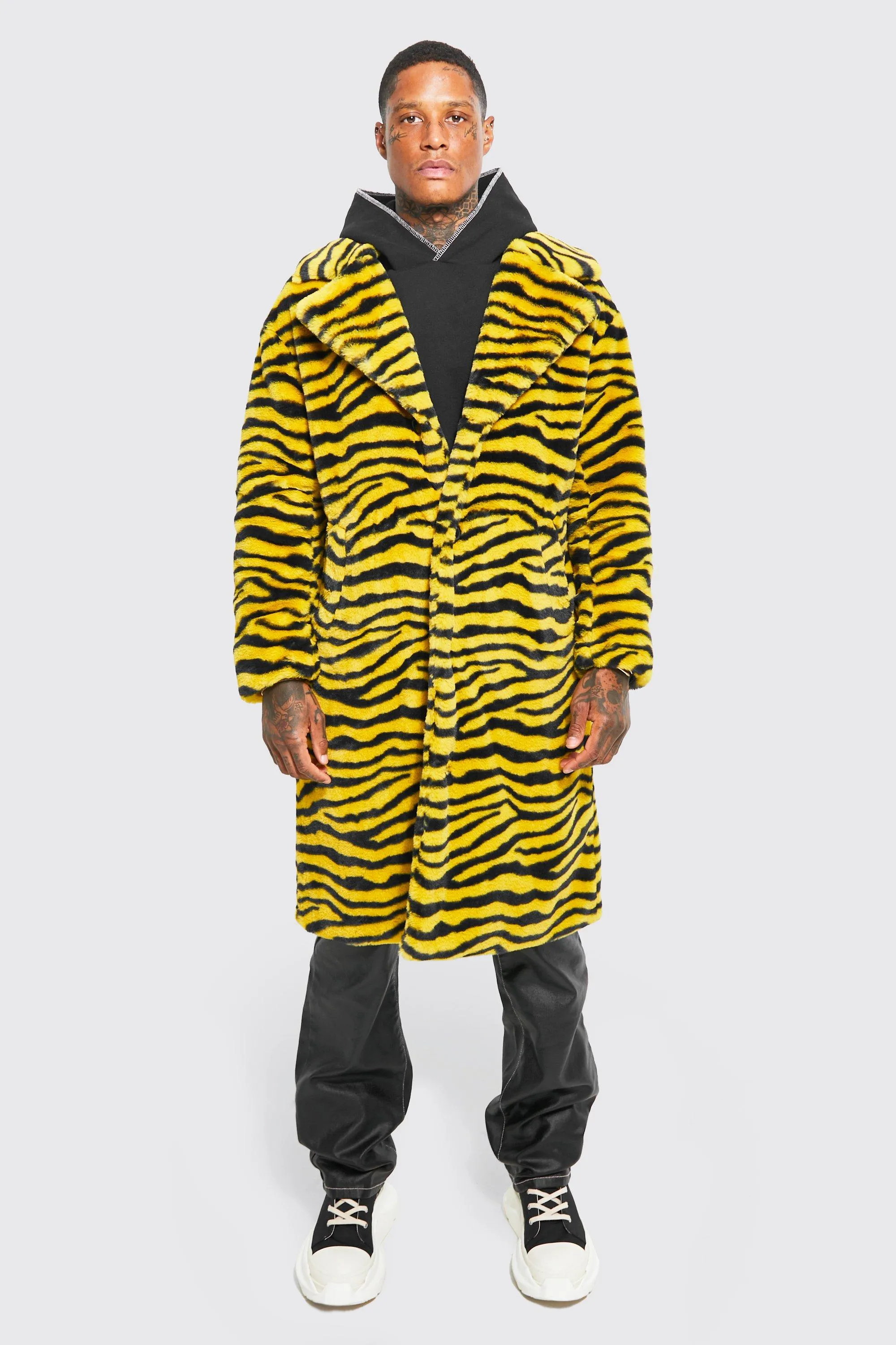 Faux Fur Tiger Print Overcoat | boohooMAN UK