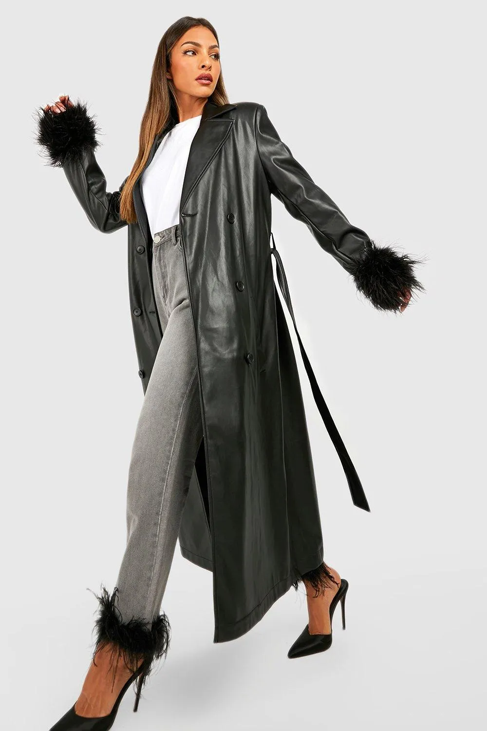 Feather Cuff Pu Belted Coat