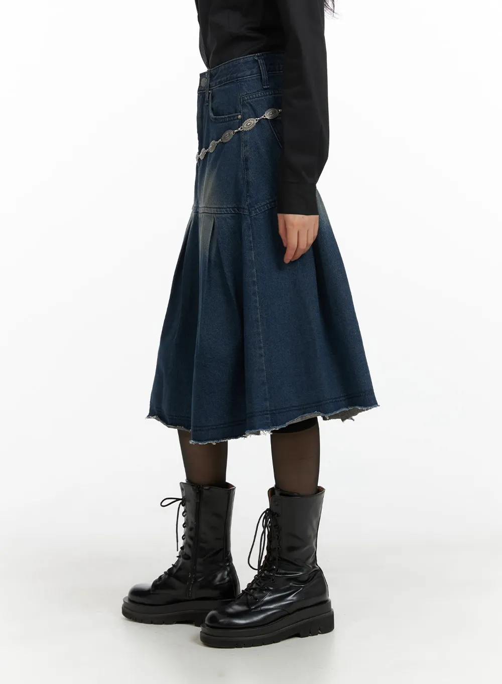 Flare Pleated Midi Denim Skirt CM413