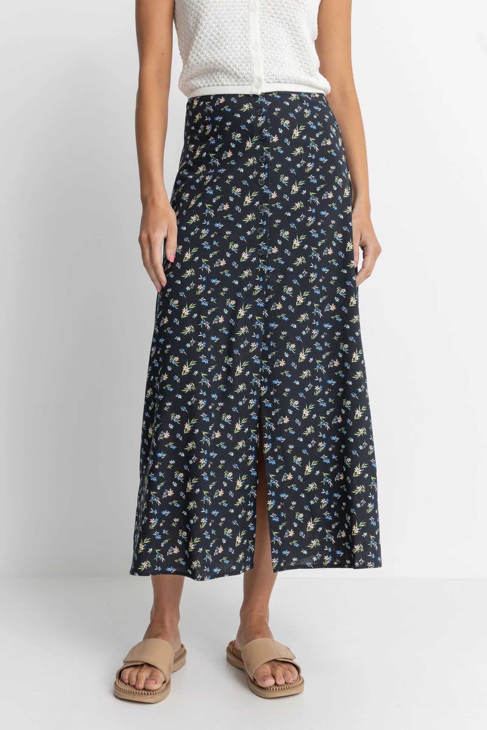 Fleur Floral Button Front Maxi Skirt Black