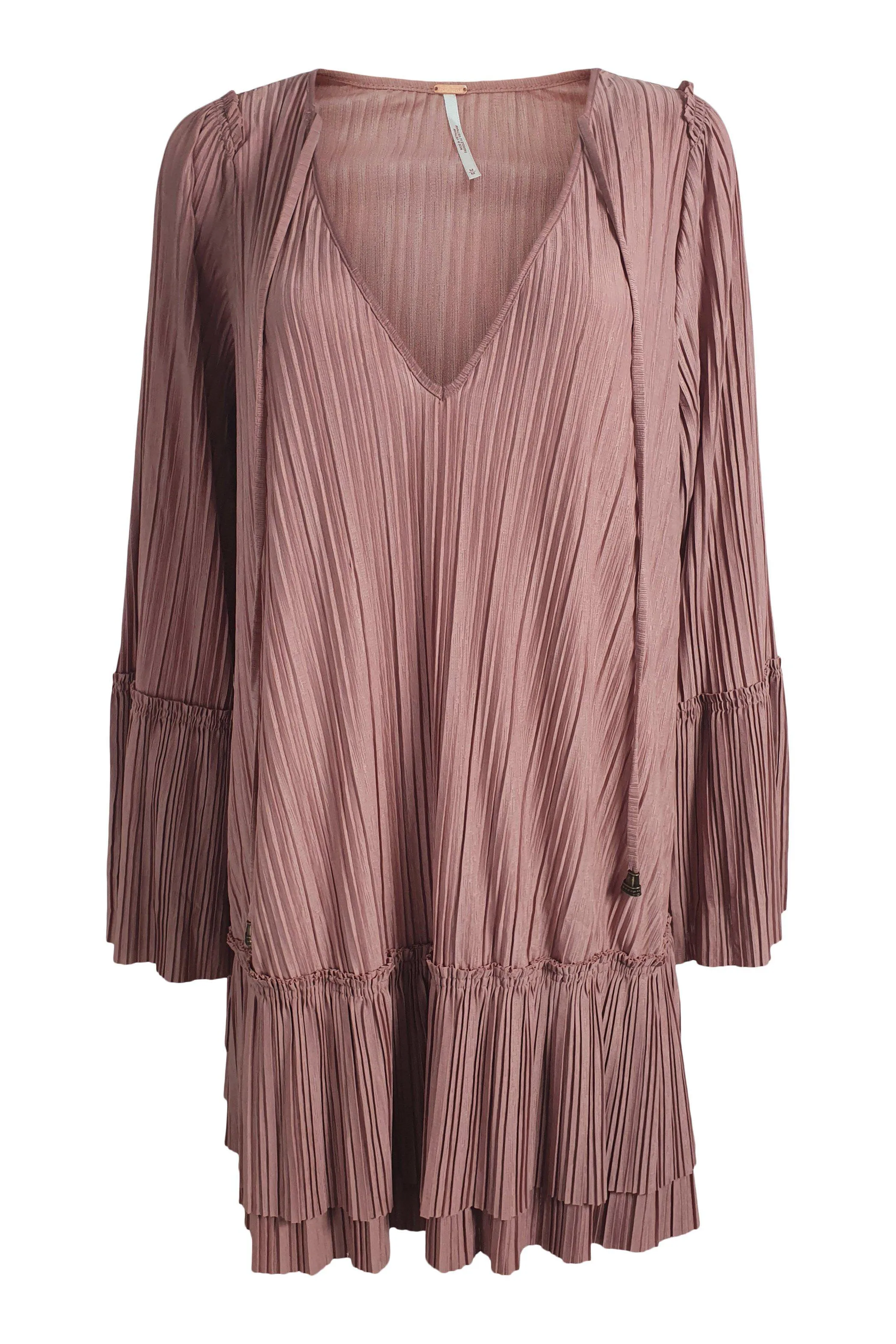 FREE PEOPLE DUSTY ROSE PINK V FRONT PLEATED MINI DRESS (