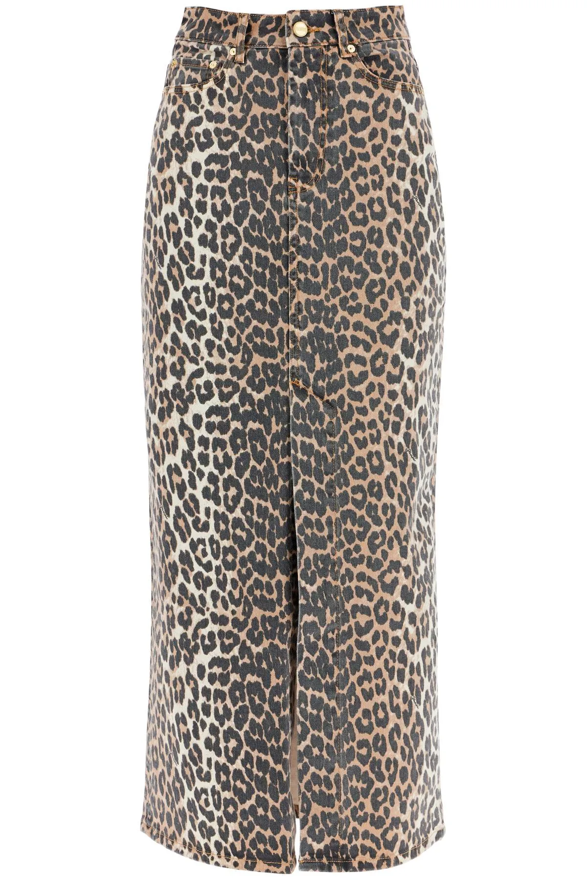 Ganni Long Animal Print Denim Skirt   Beige