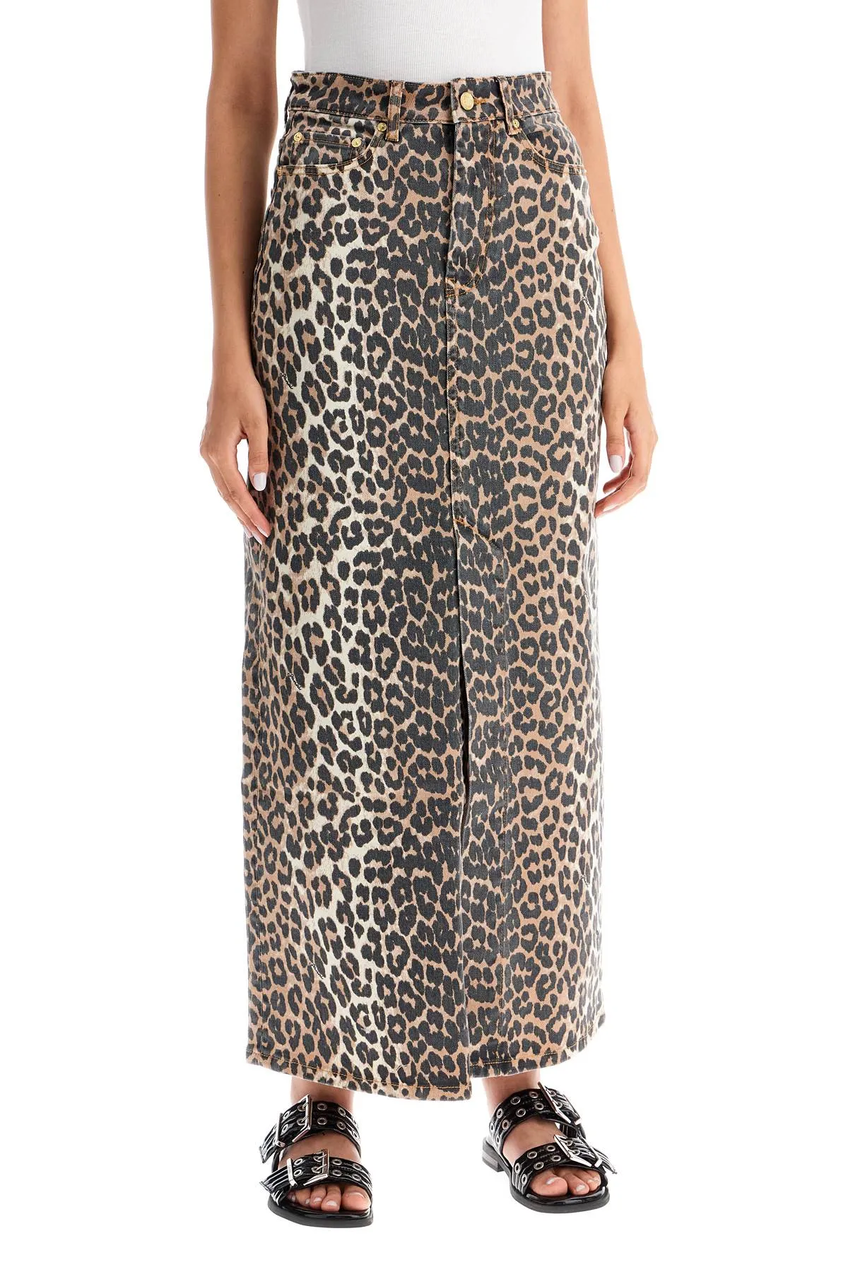 Ganni Long Animal Print Denim Skirt   Beige