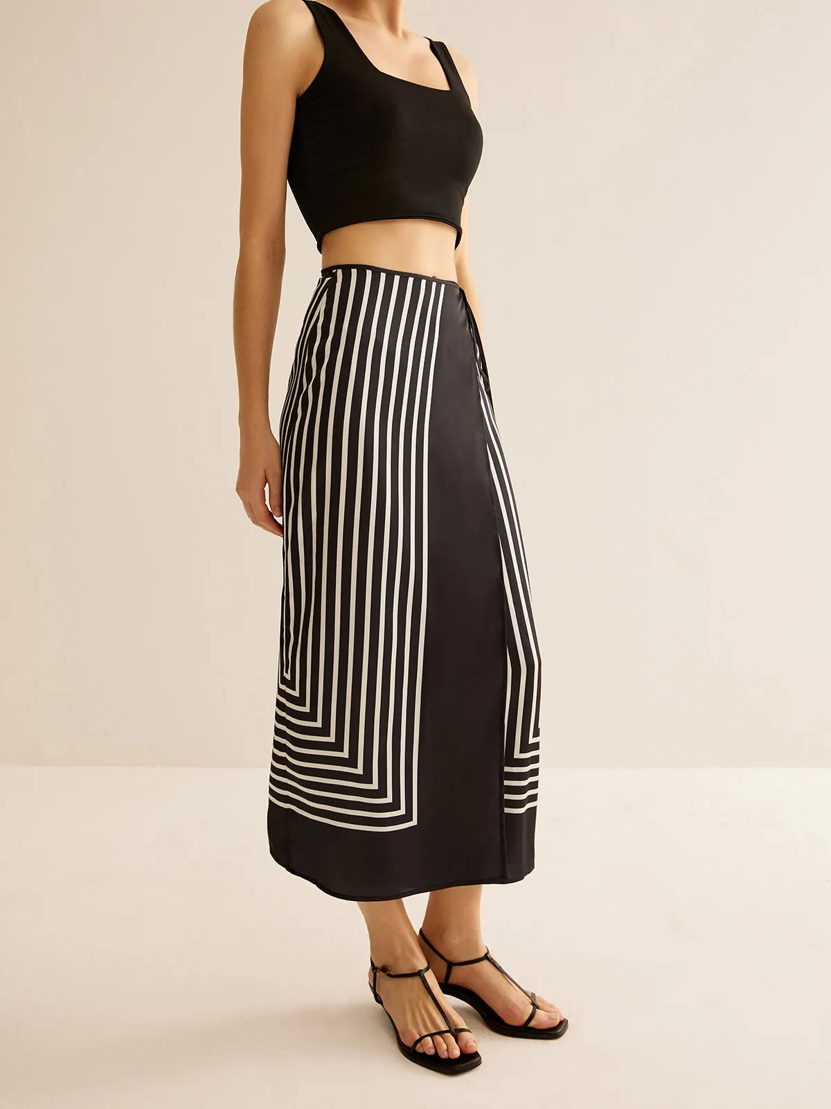 Geometric Pinstripe Satin Wrap Tie Skirt