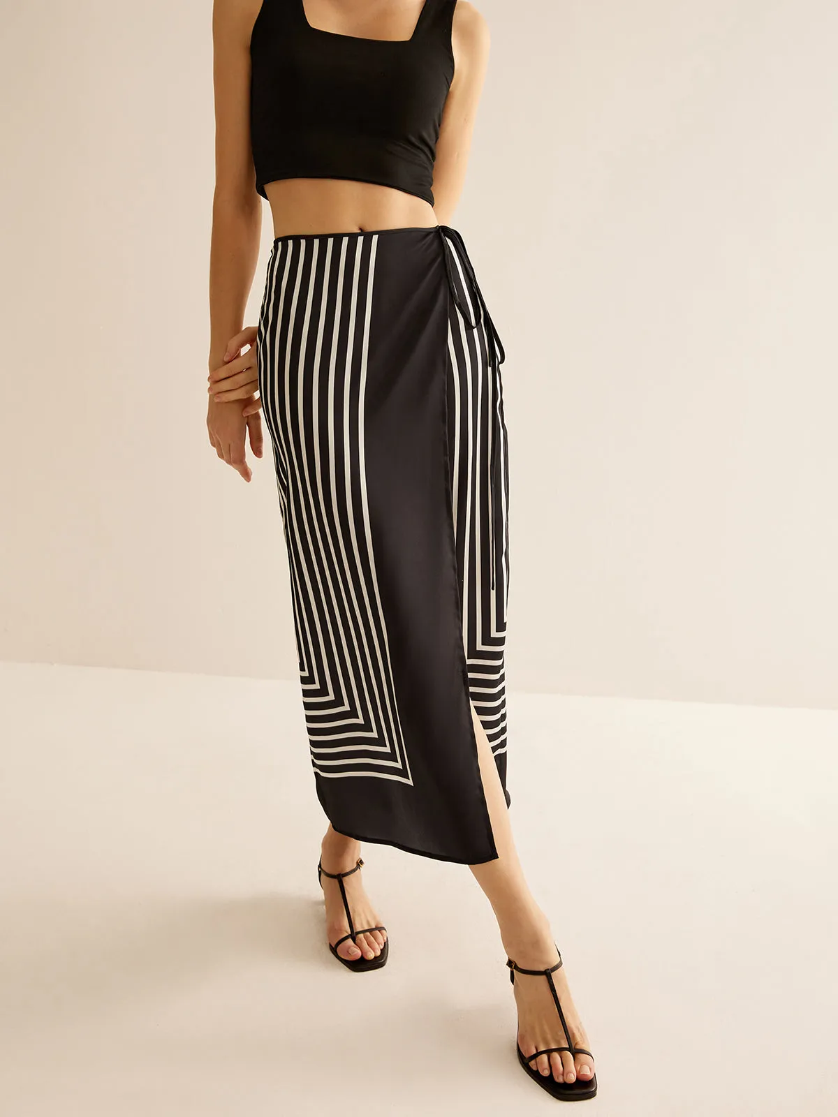 Geometric Pinstripe Satin Wrap Tie Skirt