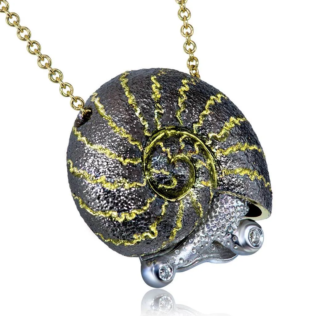 Gold Little Snail Pendant with White Diamonds On Chain