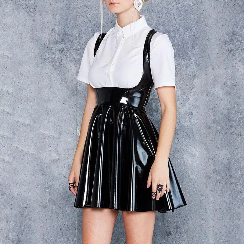 Gothic Patent PU Leather Lady High Waist PVC Flared Pleated A-line Circle Mini Skirt