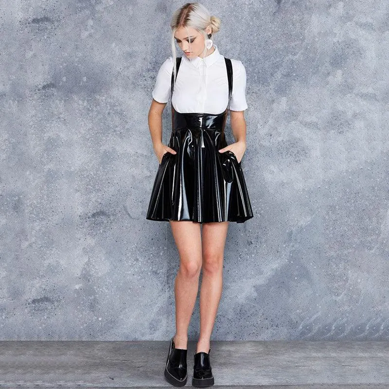 Gothic Patent PU Leather Lady High Waist PVC Flared Pleated A-line Circle Mini Skirt