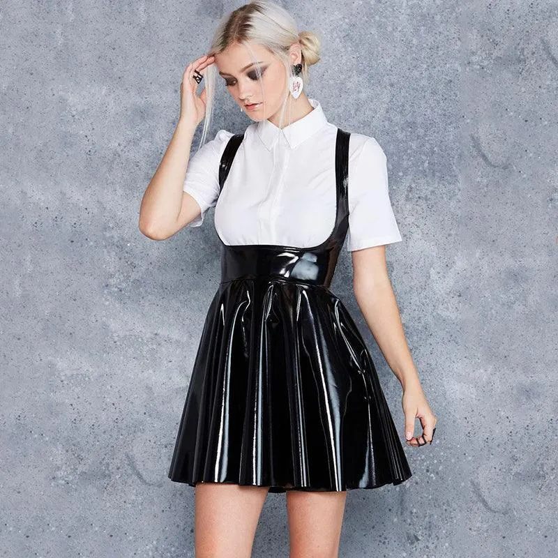 Gothic Patent PU Leather Lady High Waist PVC Flared Pleated A-line Circle Mini Skirt