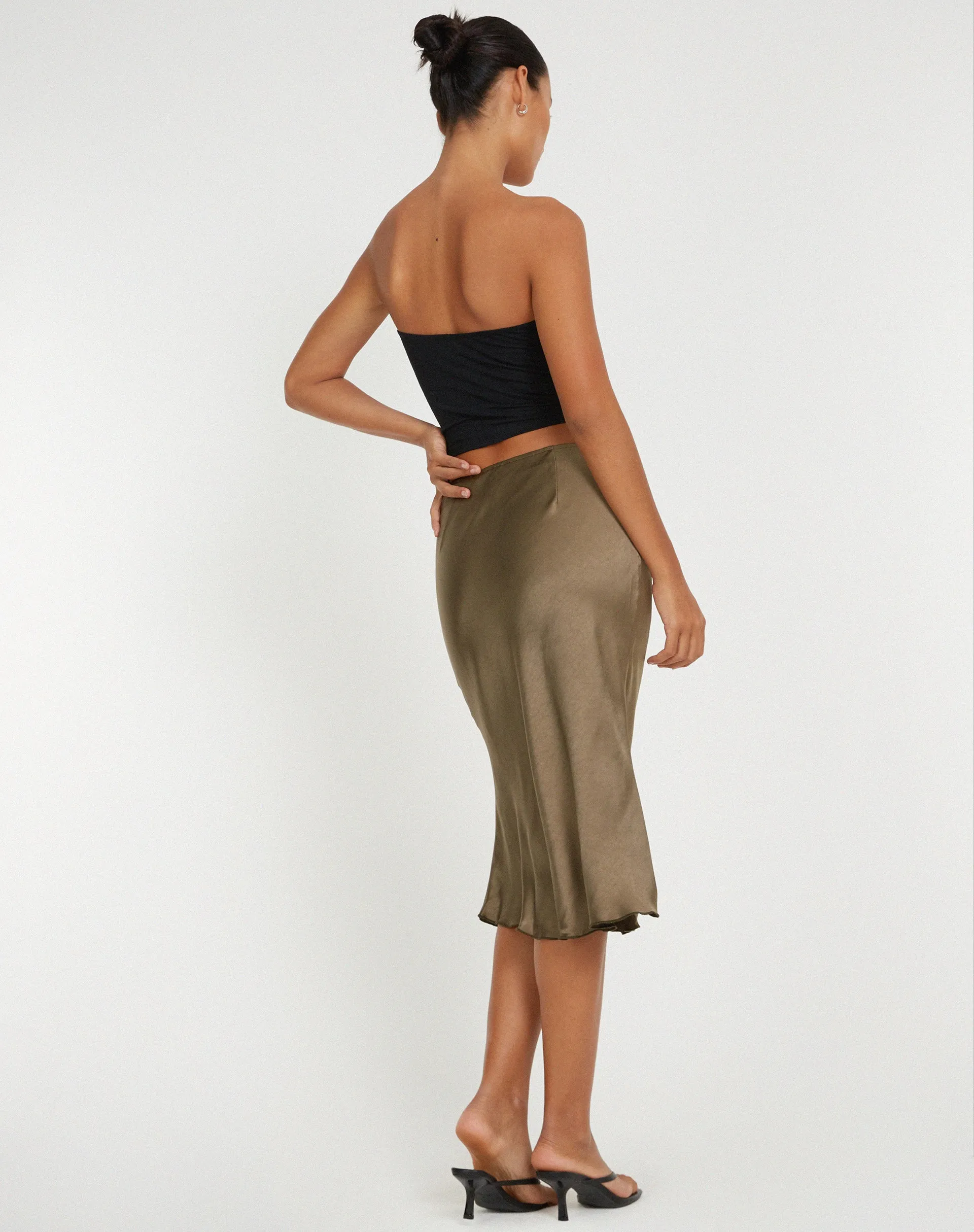 Goya Midi Skirt in Satin Dark Olive