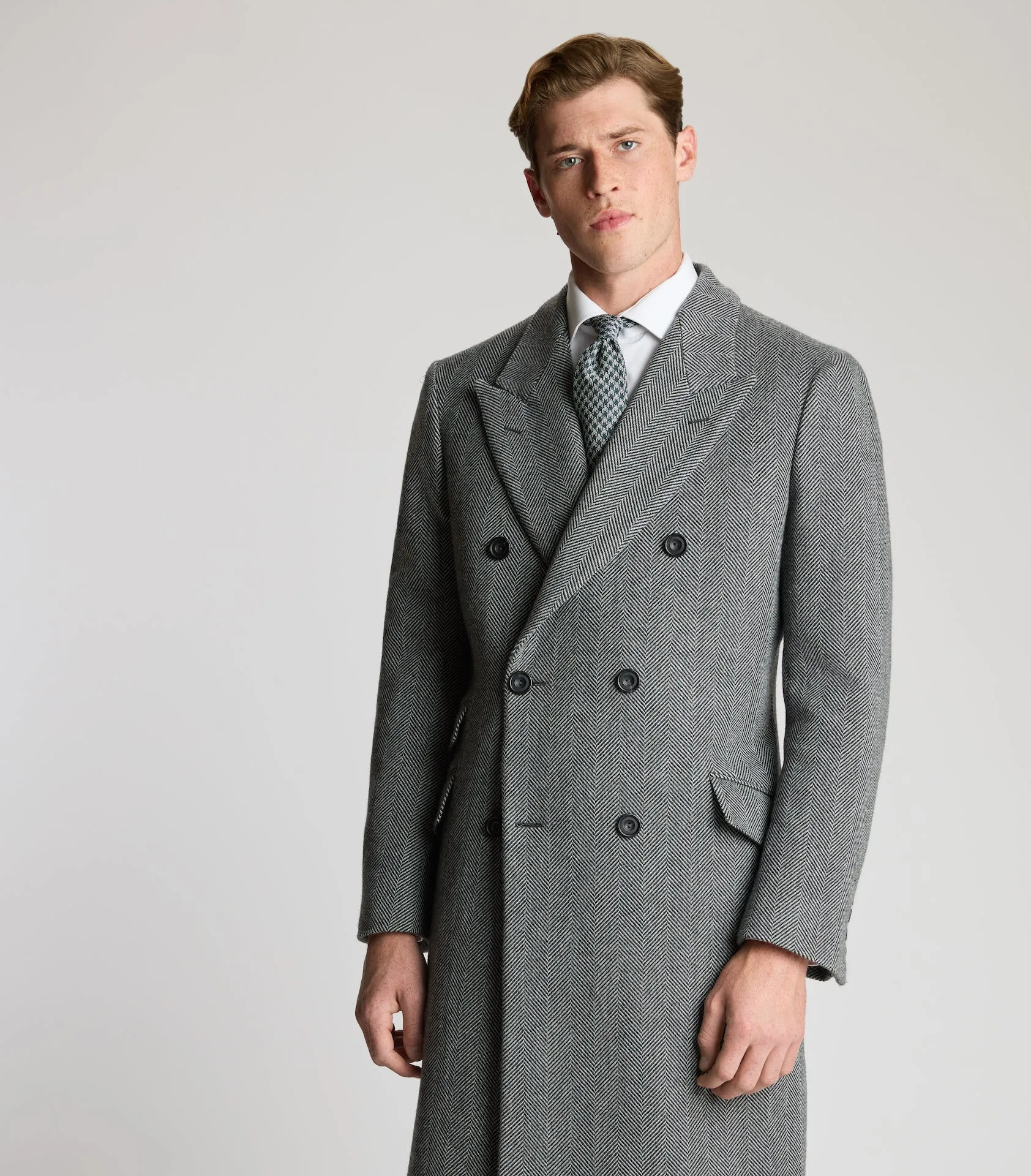 Grey Wool Herringbone Double Breasted Overcoat