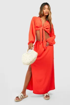 Hammered Puff Sleeve Tie Front Crop & Midi Skirt