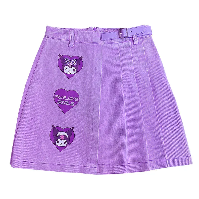 HARAJUKU PASTEL PURPLE KUROMI PLEATED DENIM SKIRT BY77766