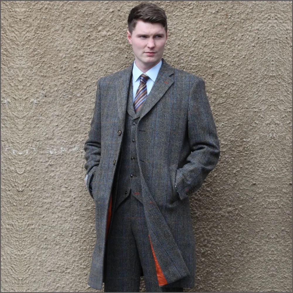 Harris Tweed Brown Blue Herringbone Overcoat