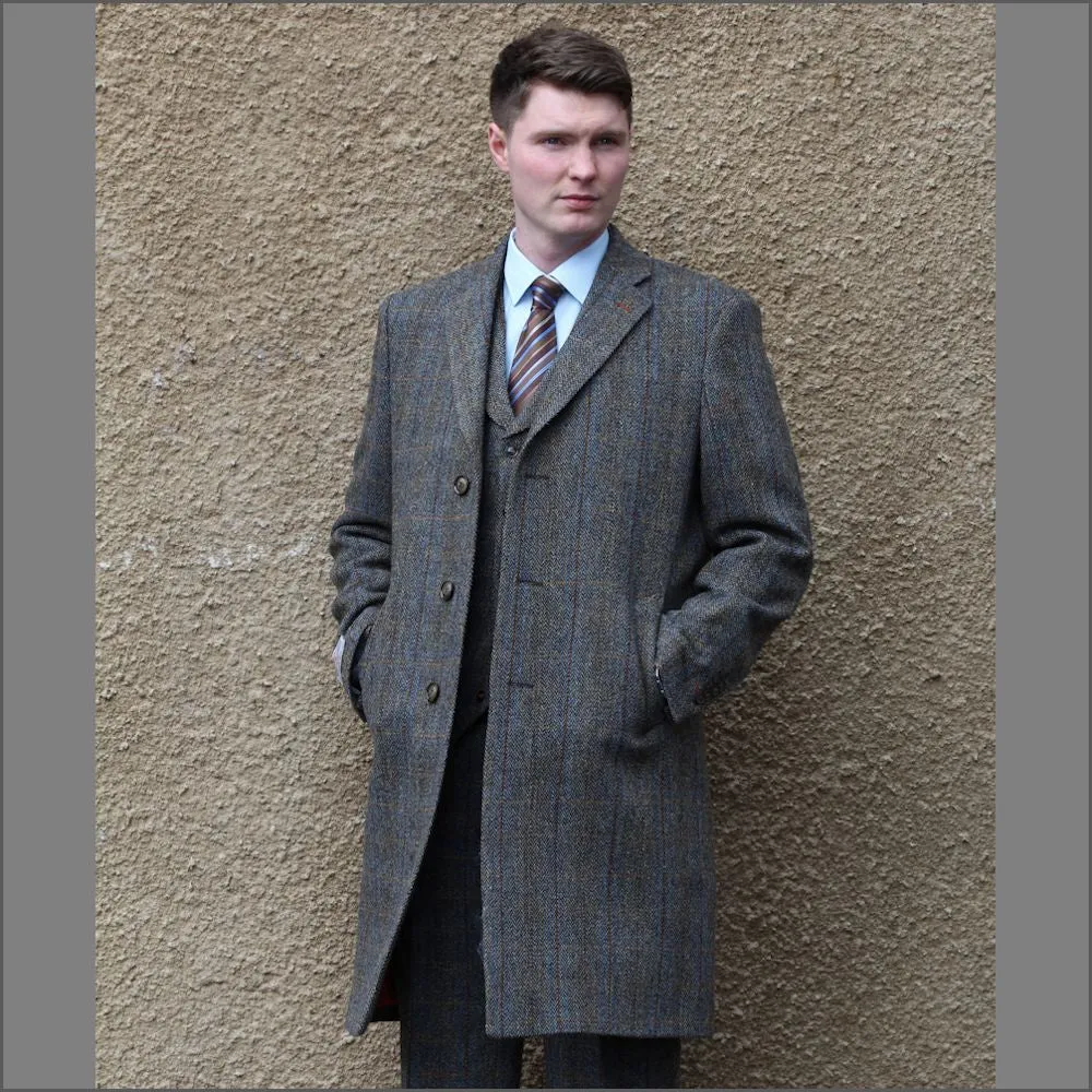 Harris Tweed Brown Blue Herringbone Overcoat