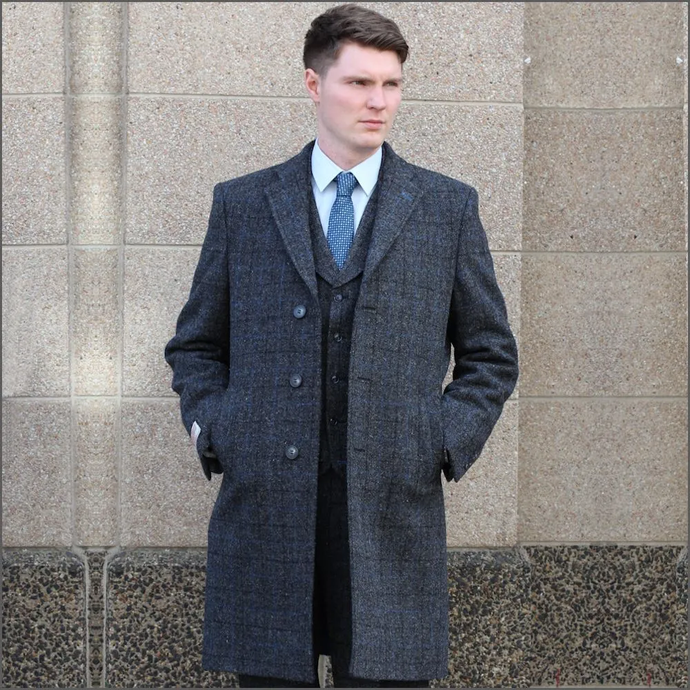 Harris Tweed Charcoal with Blue Check Overcoat