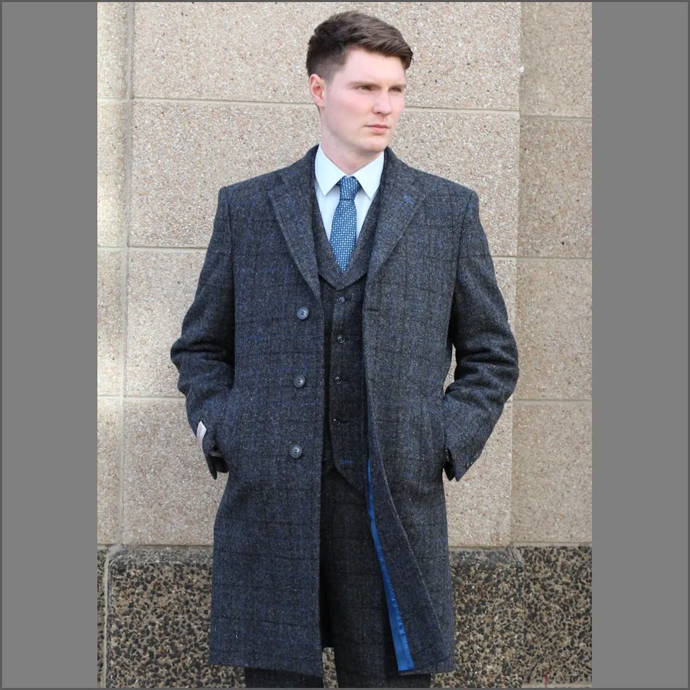 Harris Tweed Charcoal with Blue Check Overcoat