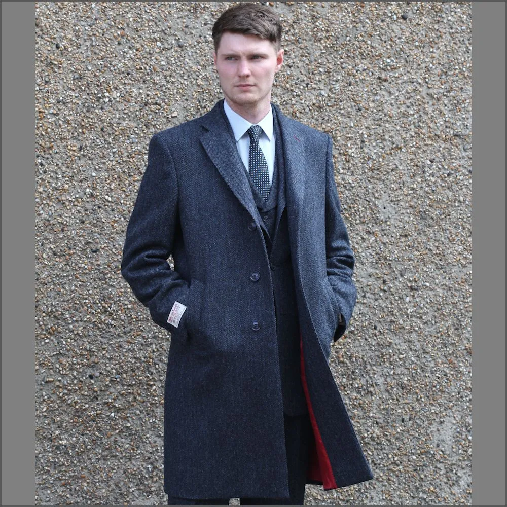 Harris Tweed Dark Blue Herringbone Overcoat