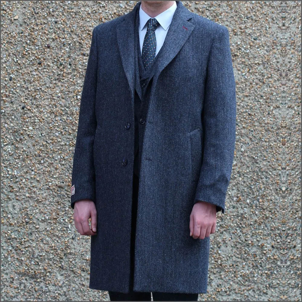 Harris Tweed Dark Blue Herringbone Overcoat