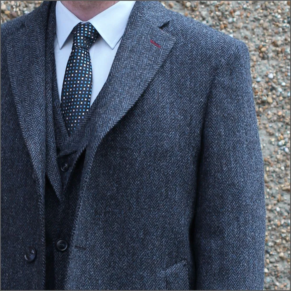 Harris Tweed Dark Blue Herringbone Overcoat