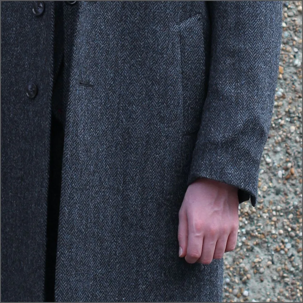 Harris Tweed Dark Blue Herringbone Overcoat