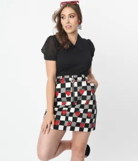 Hell Bunny Black & White Check & Strawberry Denim Mini Skirt