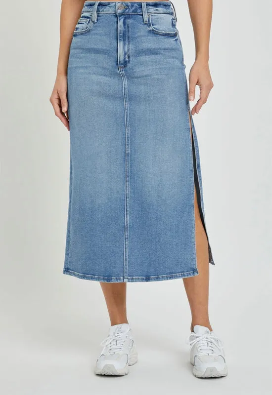 Hidden - Peyton Midi Skirt with Slit Medium Light Denim