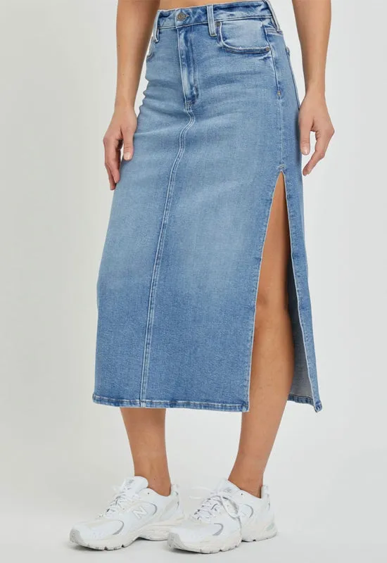 Hidden - Peyton Midi Skirt with Slit Medium Light Denim