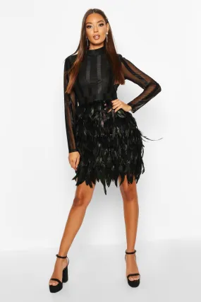 High Neck Feather Skirt Mini Dress