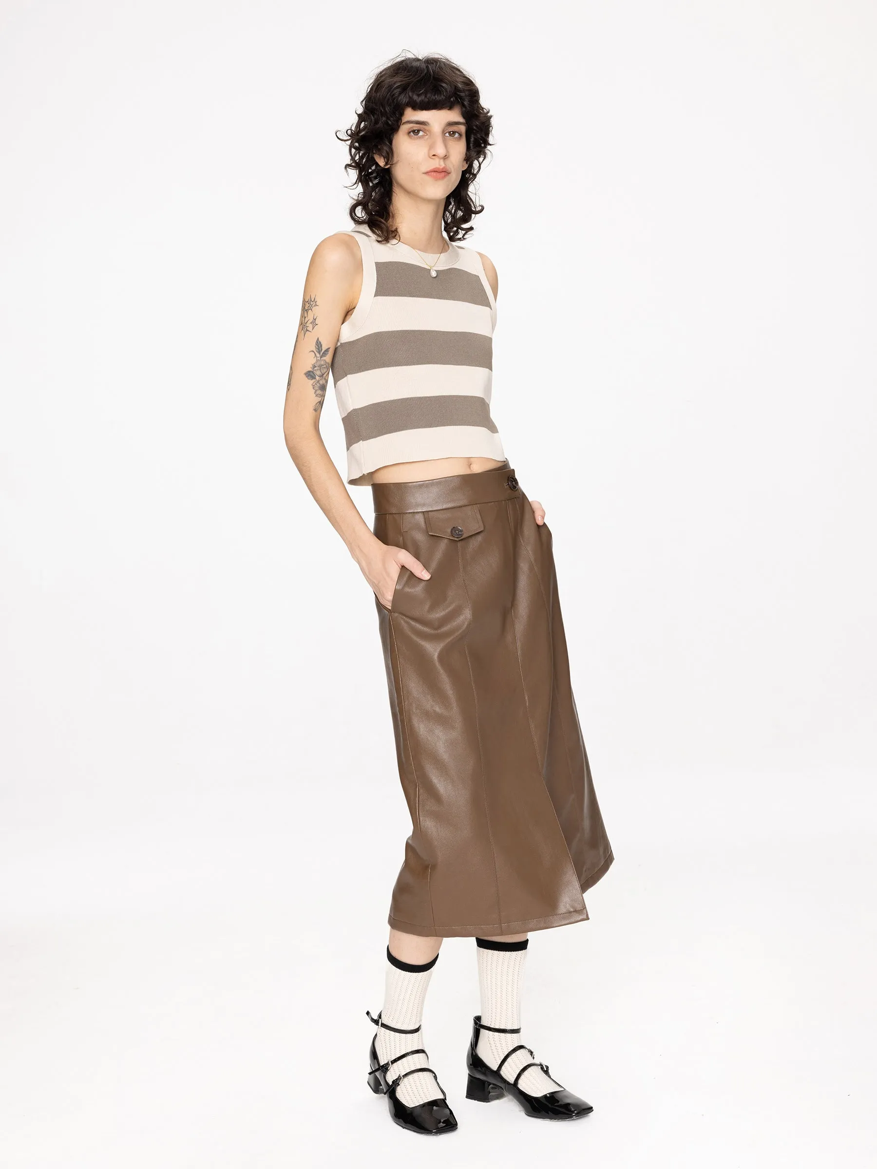 High Waist A-line PU Skirt with Back Slit