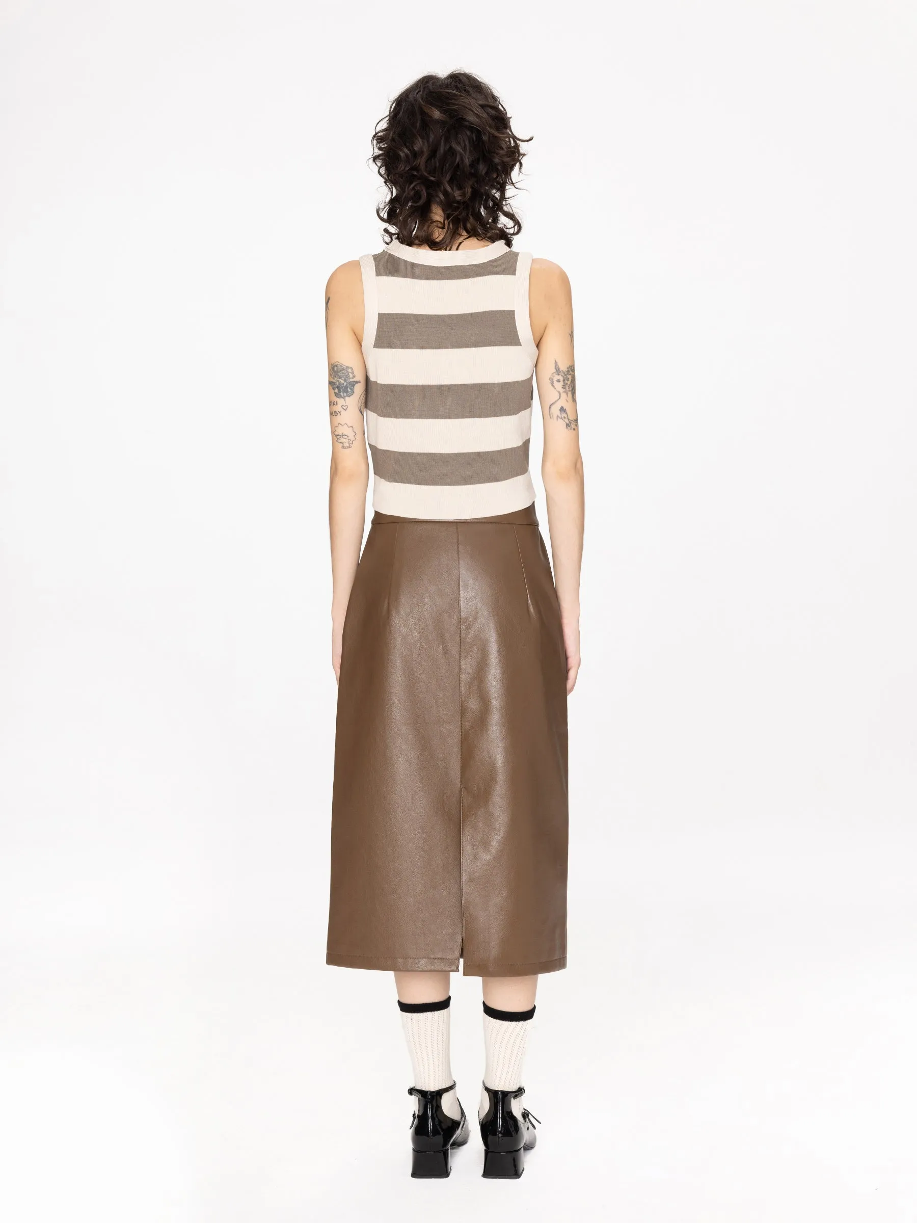 High Waist A-line PU Skirt with Back Slit