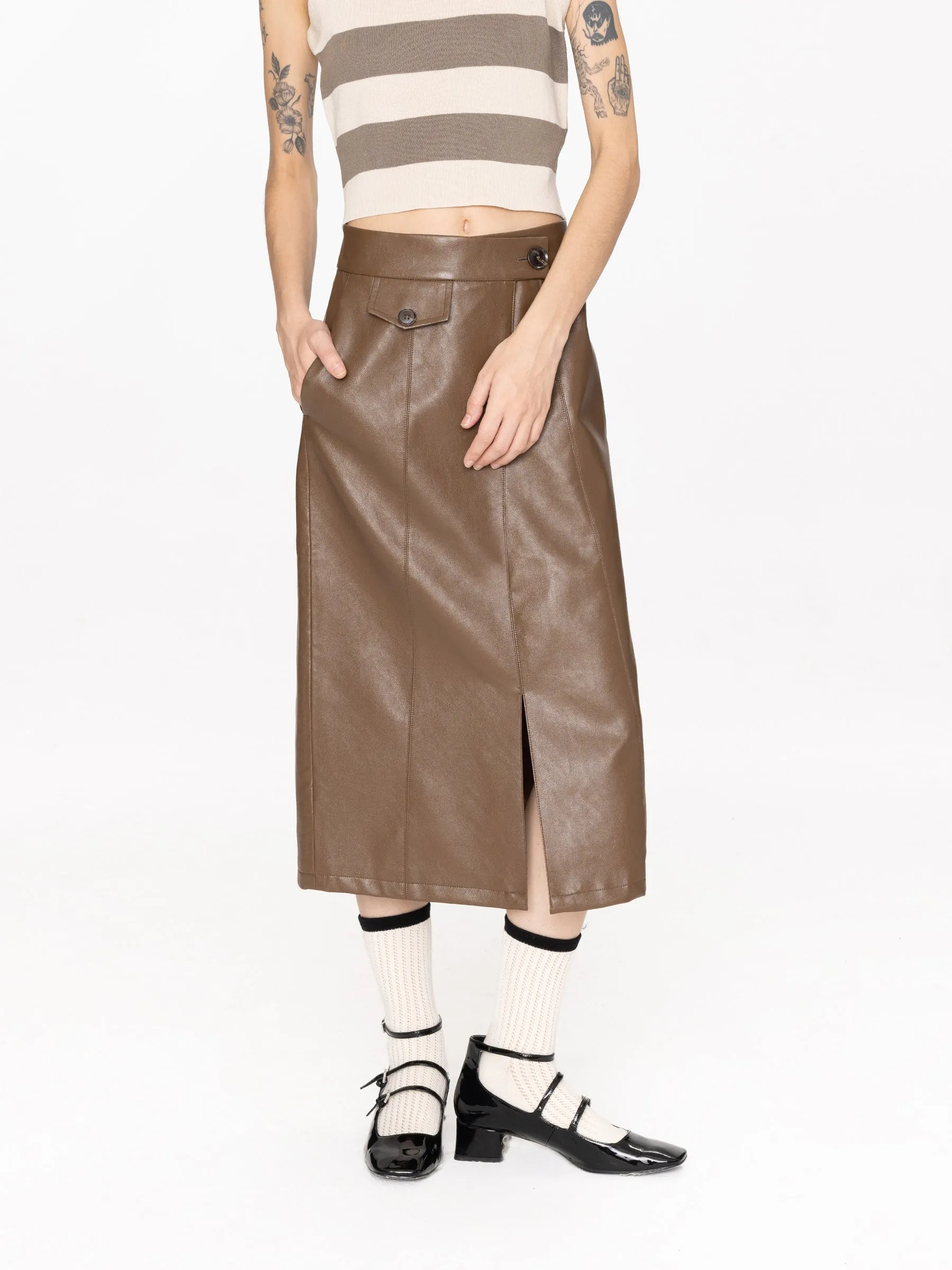 High Waist A-line PU Skirt with Back Slit