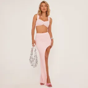 High Waist Asymmetric Maxi Skirt In Baby Pink Texture