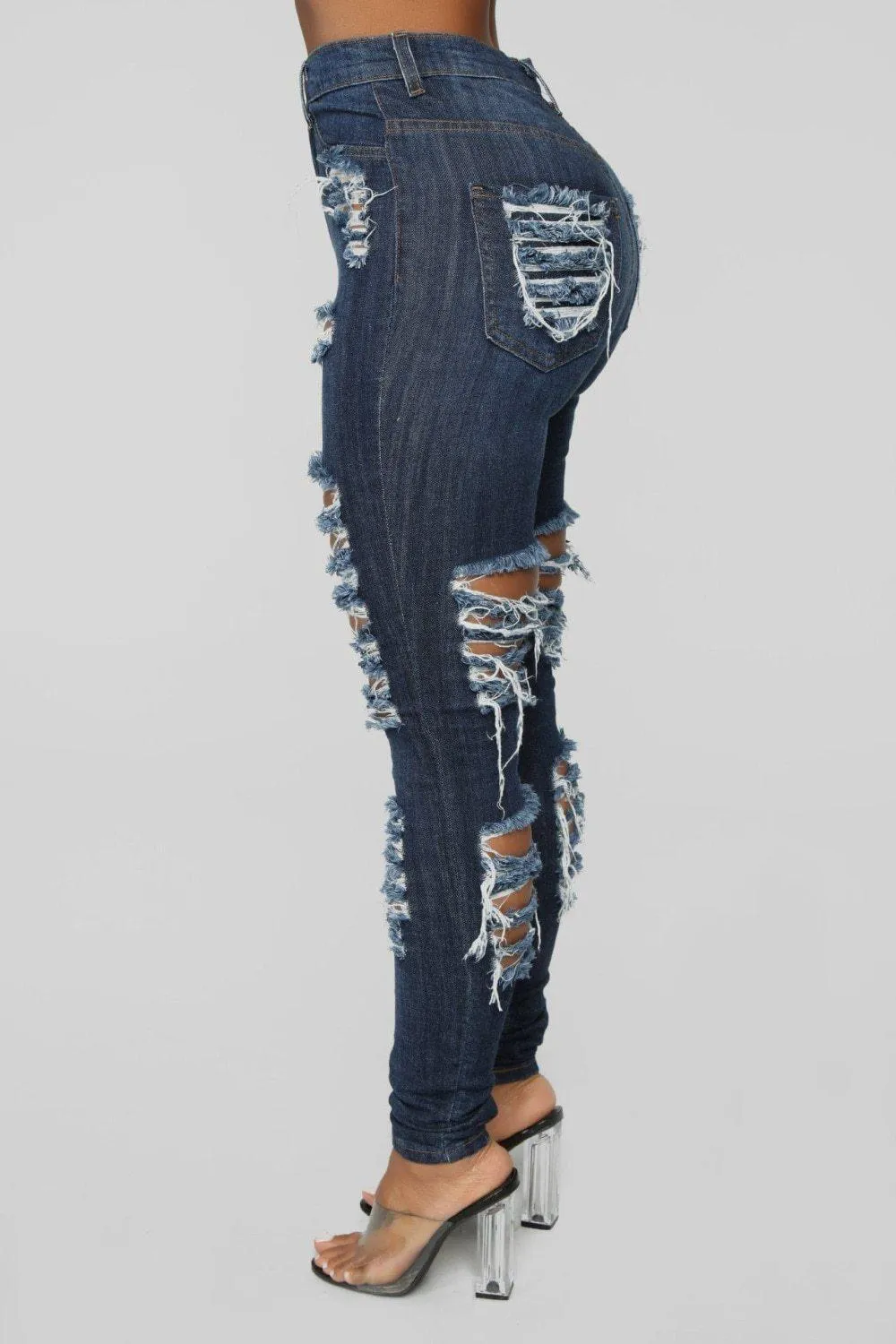 High Waist Ripped Jeans - Women's Pants