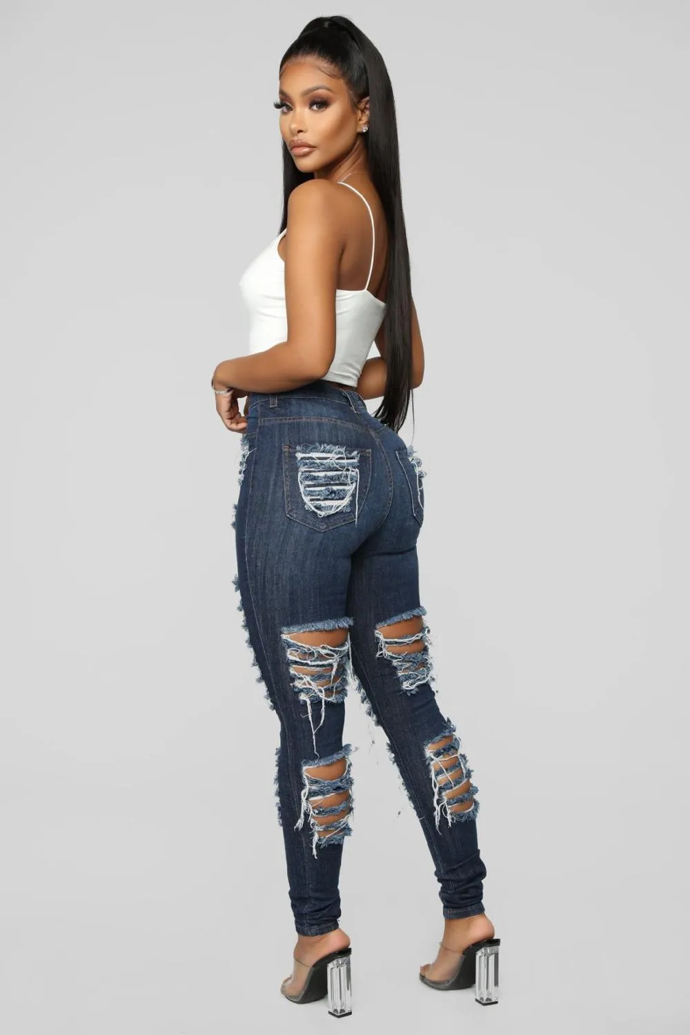 High Waist Ripped Jeans - Women's Pants